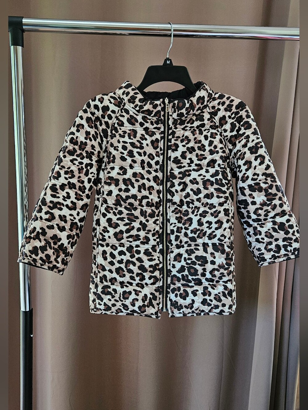 Chico's Reversible Quilted Puffer Jacket Black Gold Stripe/Leopard Print EUC